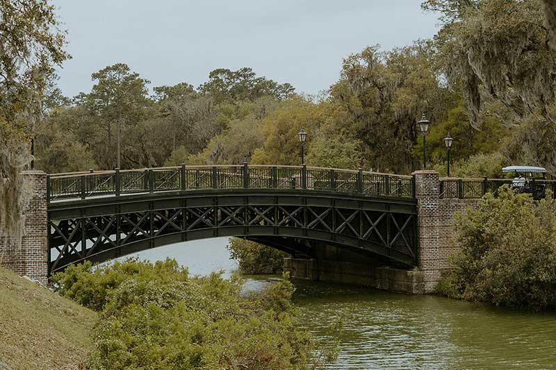 Historic bridge over water with Spanish moss and oak trees at Trevor and Marissa Lawrence wedding venue