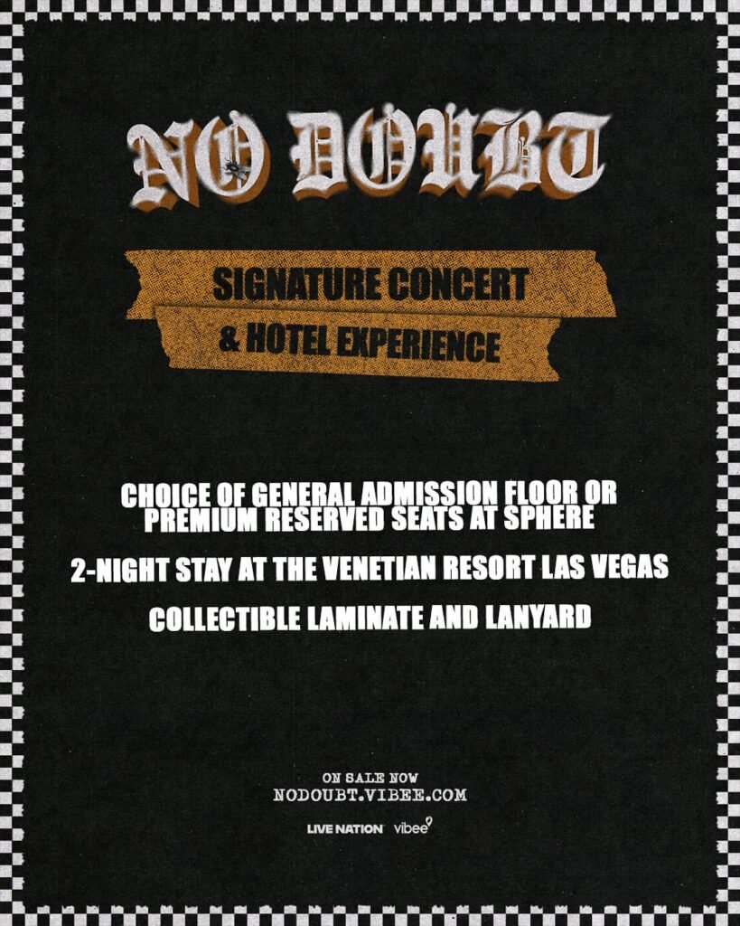 No Doubt Signature Concert and Hotel Experience package promotional image with black and orange checkerboard design for Sphere Las Vegas shows
