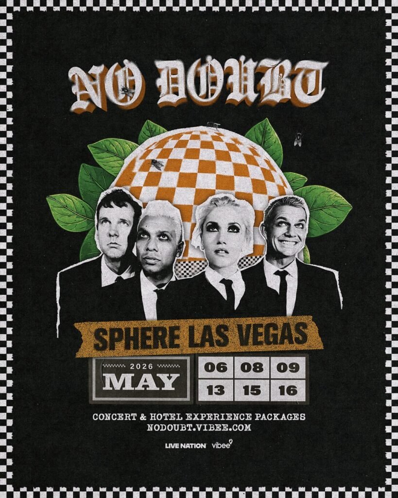 No Doubt Sphere Las Vegas residency announcement poster showing all four band members with orange checkered sphere graphic and May 2026 performance dates