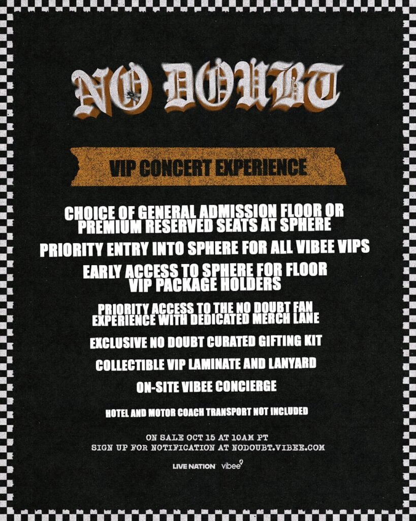No Doubt VIP Concert Experience promotional poster featuring premium package details for Sphere Las Vegas residency May 2026