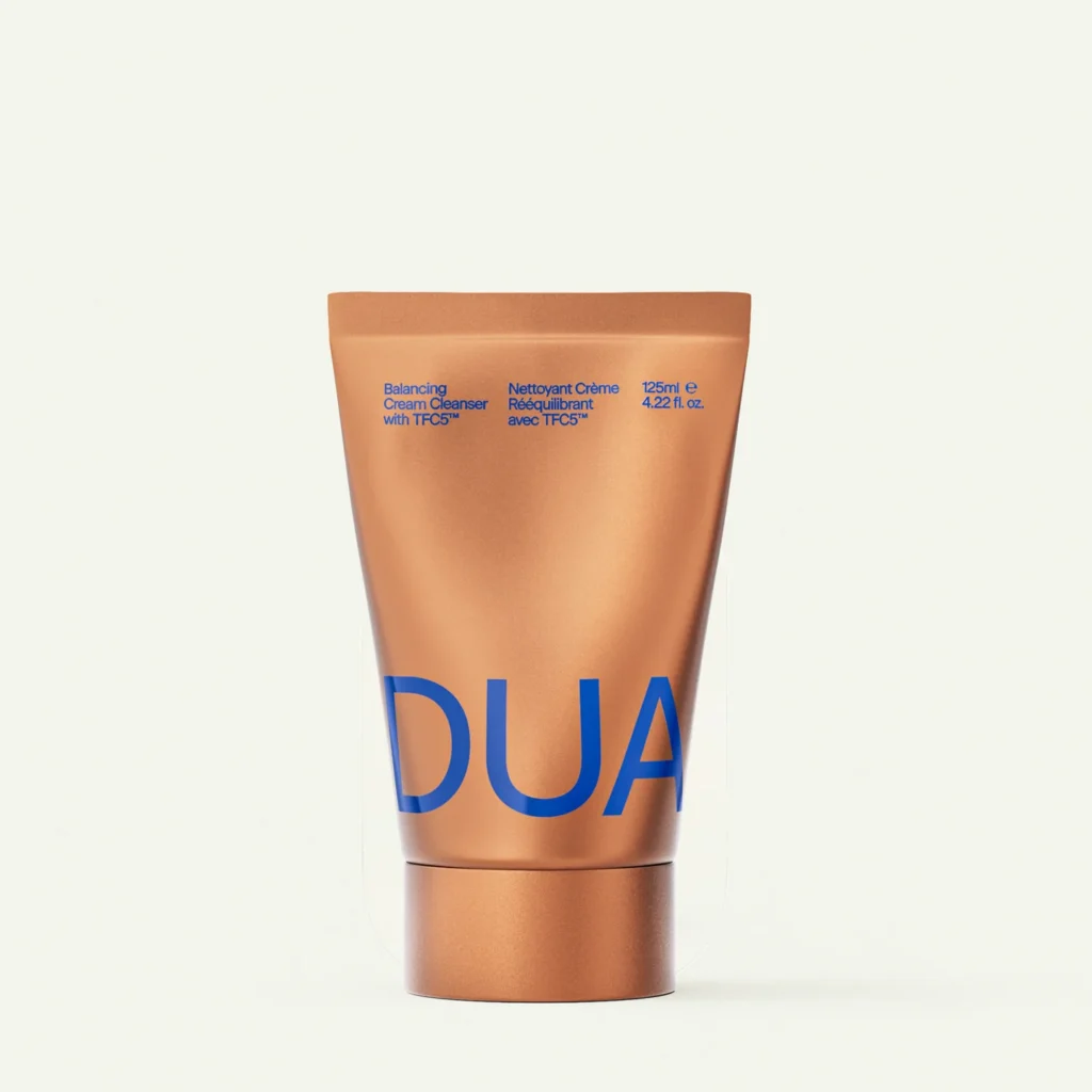 DUA Skincare Balancing Cream Cleanser with TFC5 technology in bronze packaging, 125ml bottle from Augustinus Bader collaboration with Dua Lipa