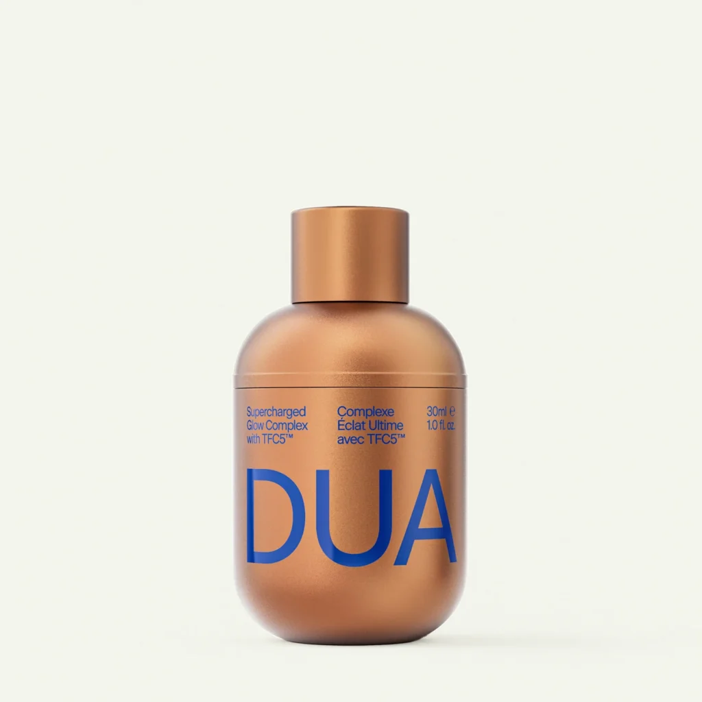 DUA Skincare Supercharged Glow Complex serum with TFC5 technology in bronze bottle, 30ml, from Augustinus Bader and Dua Lipa collaboration