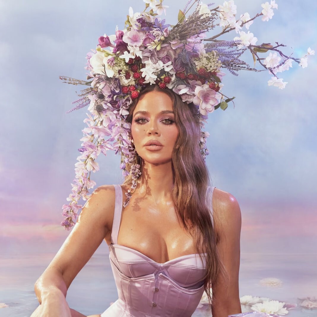 Khloé Kardashian wearing elaborate floral crown for Almost Always fragrance campaign