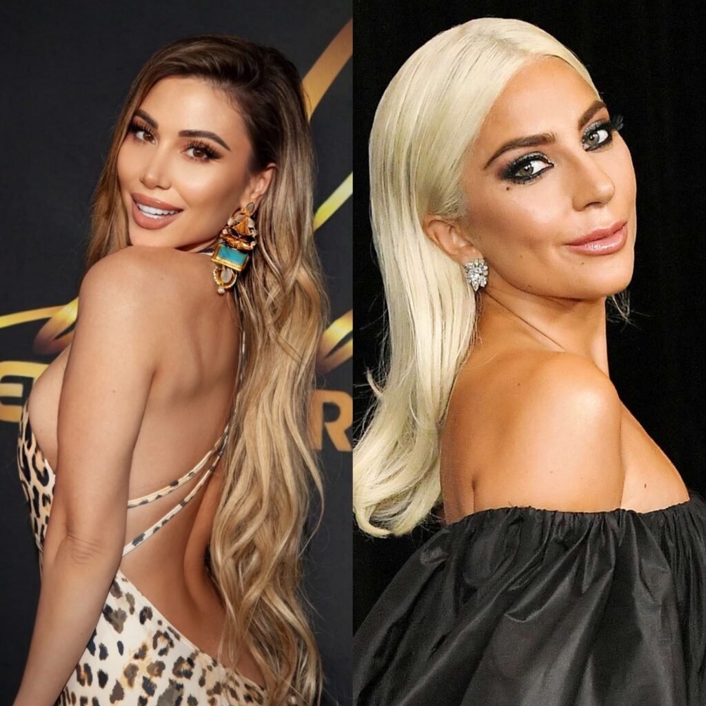 Side by side comparison of Lika O in leopard print dress and Lady Gaga in black off-shoulder gown at awards event