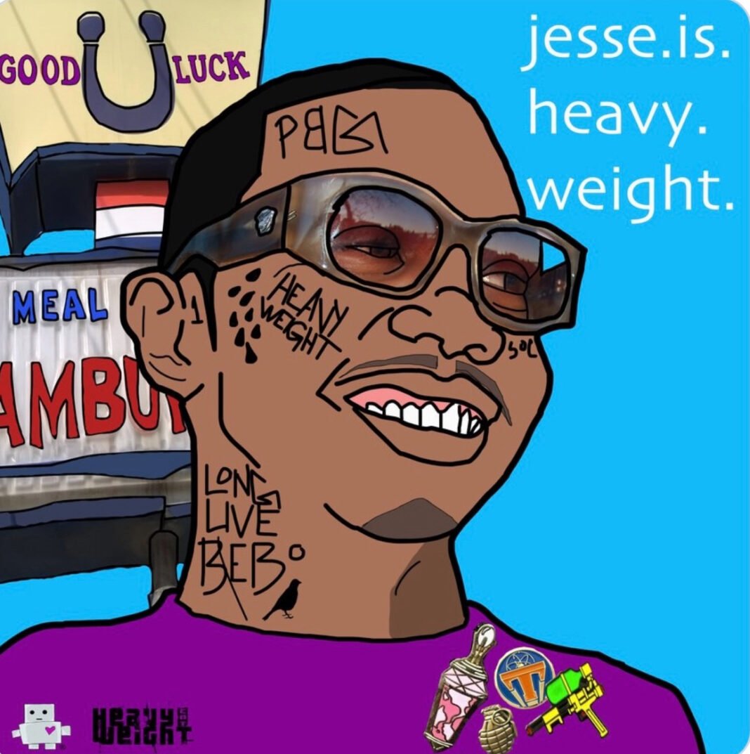 Album cover art for 'Good Luck' by jesse.is.heavy.weight featuring illustrated portrait with glasses and face tattoos, purple shirt, and hamburger restaurant sign in background