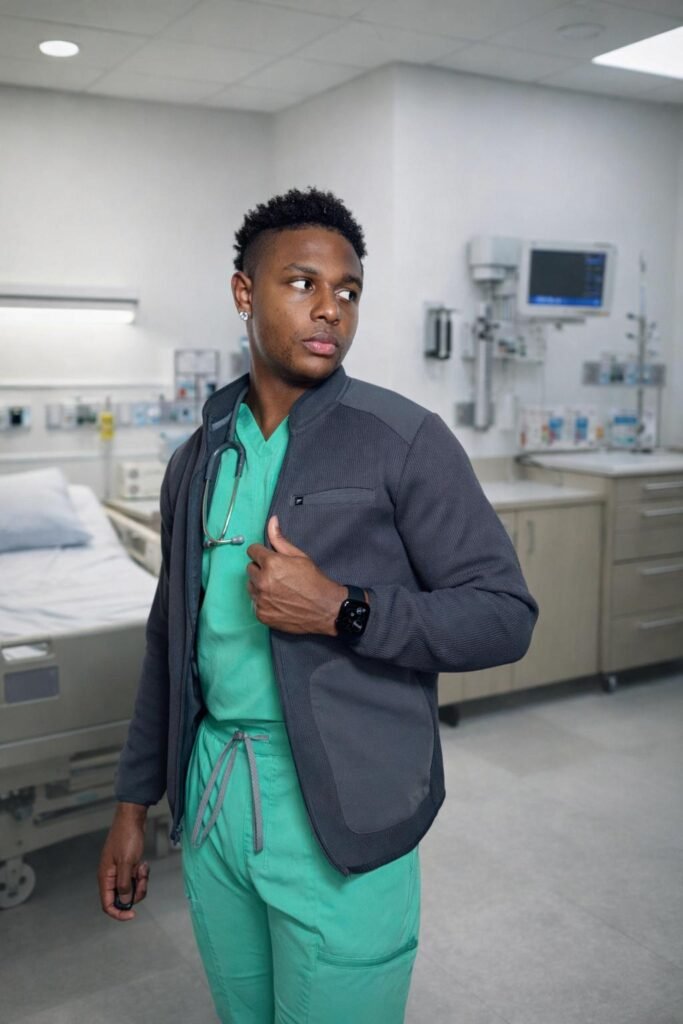 Melvin Matthews Jr. in a hospital setting wearing medical scrubs with stethoscope
