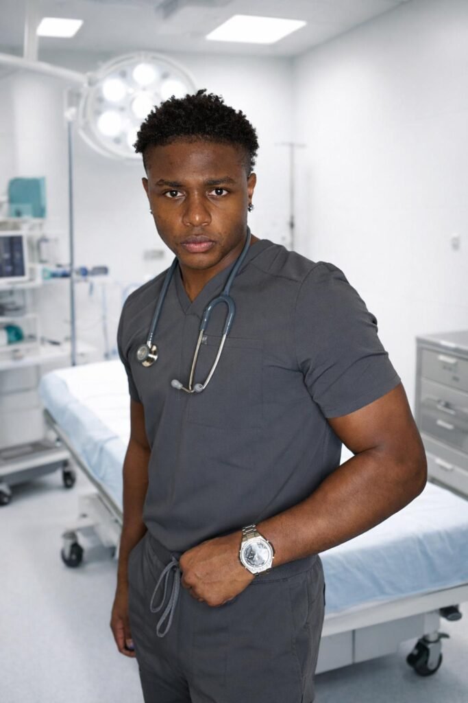 Melvin Matthews Jr. in medical scrubs with stethoscope in hospital operating room