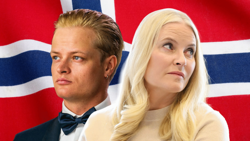Crown Princess Mette-Marit of Norway and son Marius Borg Høiby against Norwegian flag during royal family crisis over Epstein files and criminal charges