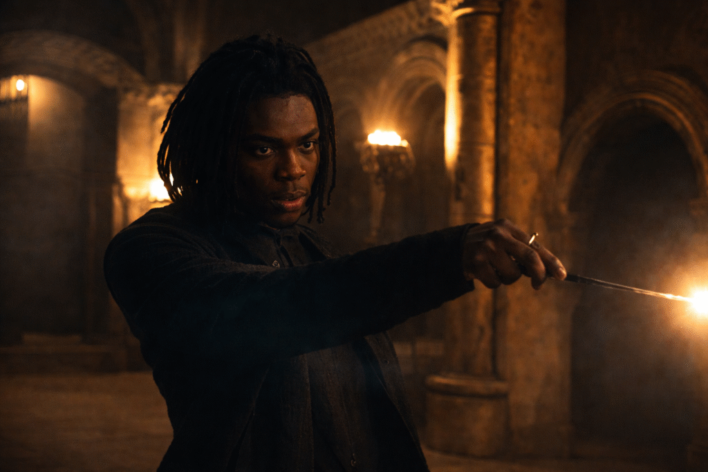 Paapa-Essiedu-as-Professor-Severus-Snape-casting-a-spell-with-his-wand-in-a-torch-lit-Hogwarts-dungeon-corridor-in-HBOs-Harry-Potter-and-the-Philosophers-Stone-2026