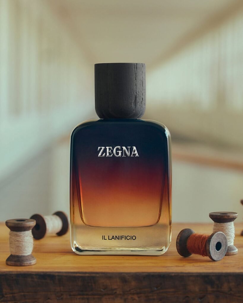 ZEGNA-MEMORIE-Il-Lanificio-fragrance-bottle-with-a-deep-navy-to-amber-gradient-displayed-on-a-wooden-surface-surrounded-by-vintage-thread-spools