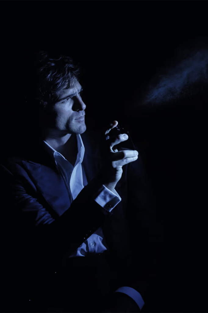 Jacob-Elordi-spraying-Bleu-De-Chanel-fragrance-in-blue-lit-campaign-photo-for-2026-ambassador-announcement