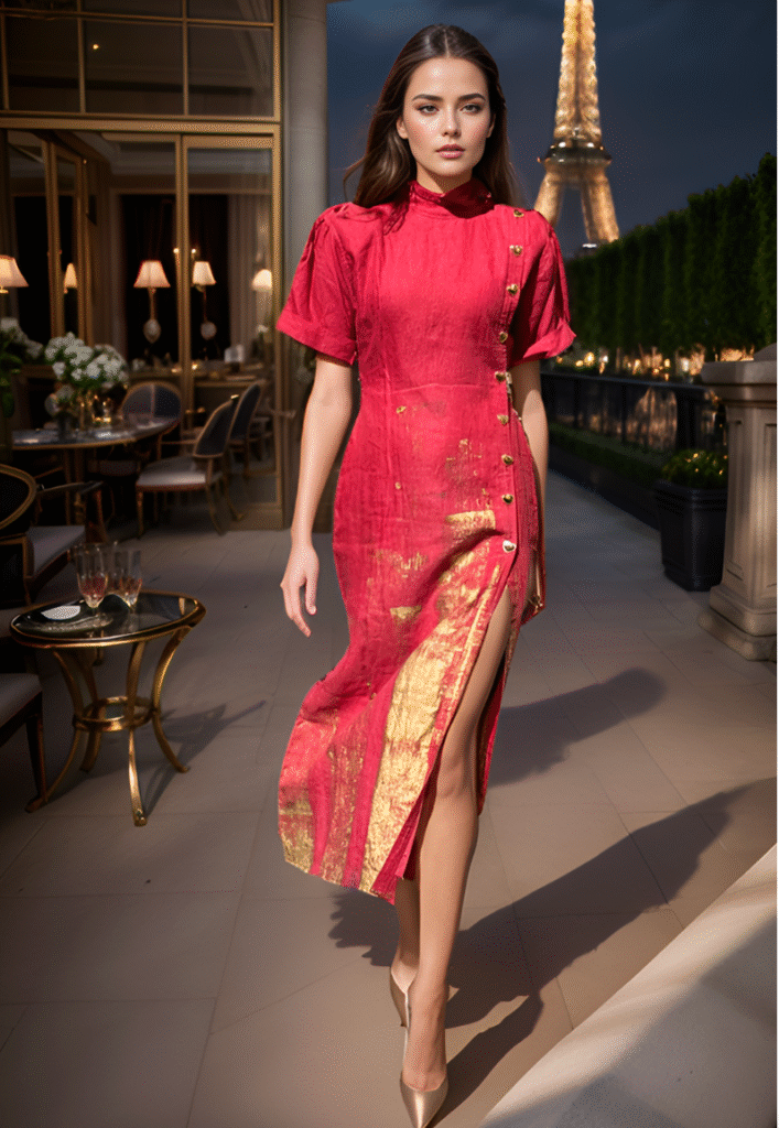 Model wearing an I Love Mirabelle crimson and gold textured midi dress with gold heart buttons and a front slit, styled against an illuminated Eiffel Tower backdrop at night.