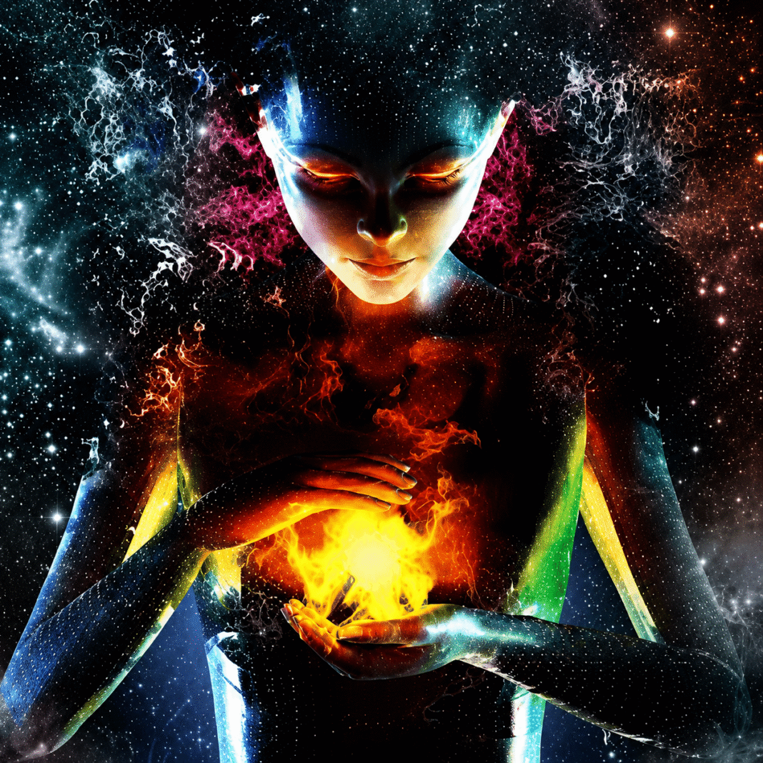 Cosmic goddess cradling a blazing fireball with glowing eyes amid a starfield of fire and ice energy — DigitalGod.US