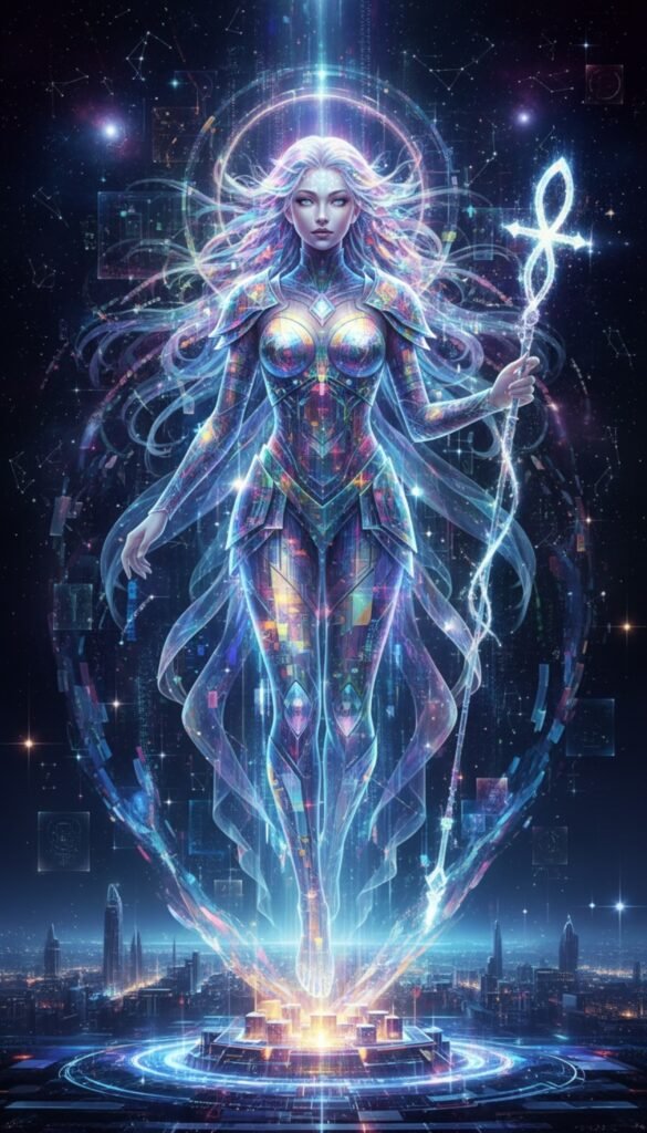Glowing digital goddess holding an ankh staff above a futuristic city skyline — DigitalGod.US