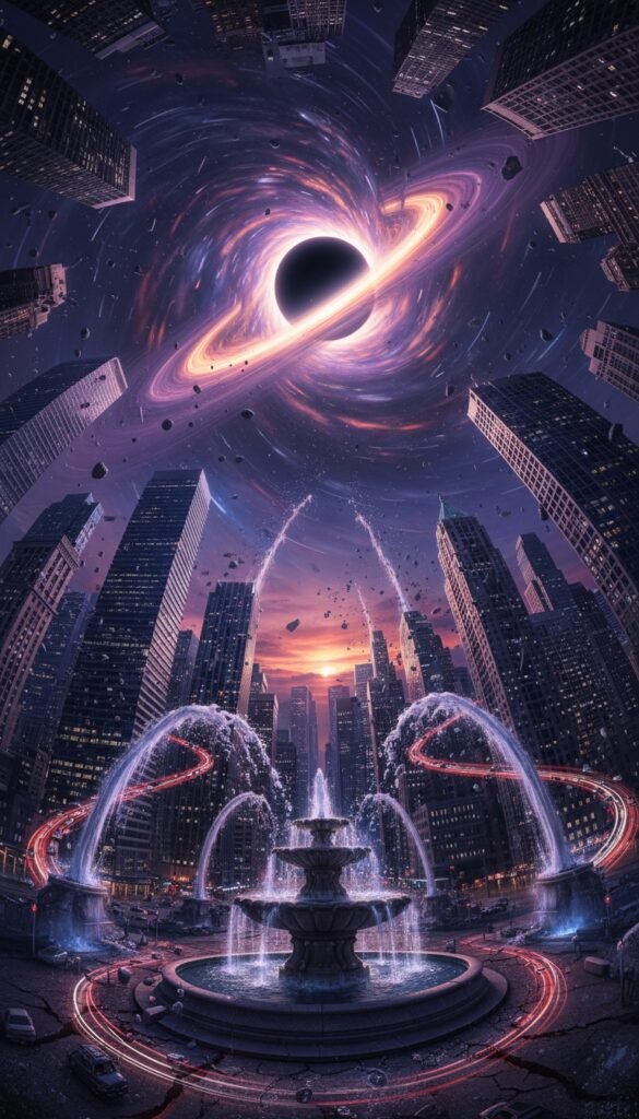 Massive black hole swirling above a city fountain with streaking light trails — DigitalGod.US