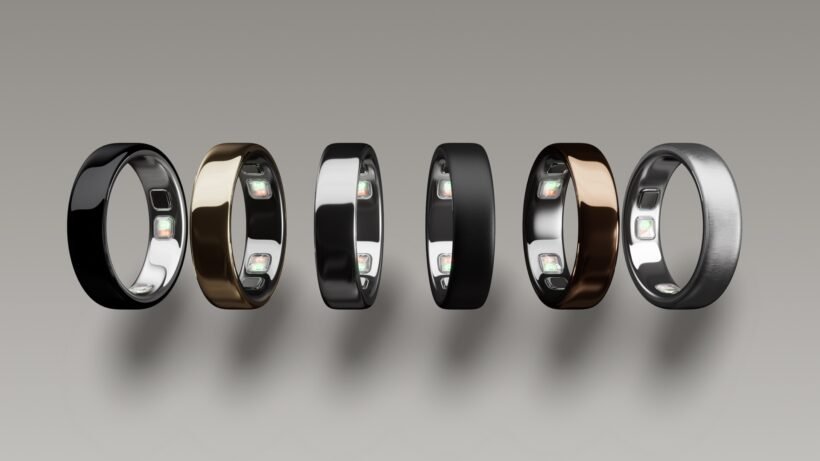 Six-Oura-Ring-5-colorways-displayed-side-by-side-including-Black-Gold-Silver-Stealth-Deep-Rose-and-Brushed-Silver-with-health-sensors-visible-on-the-inner-band