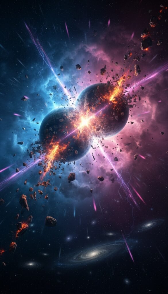 Two planets colliding in deep space with blue and purple energy beams — DigitalGod.US