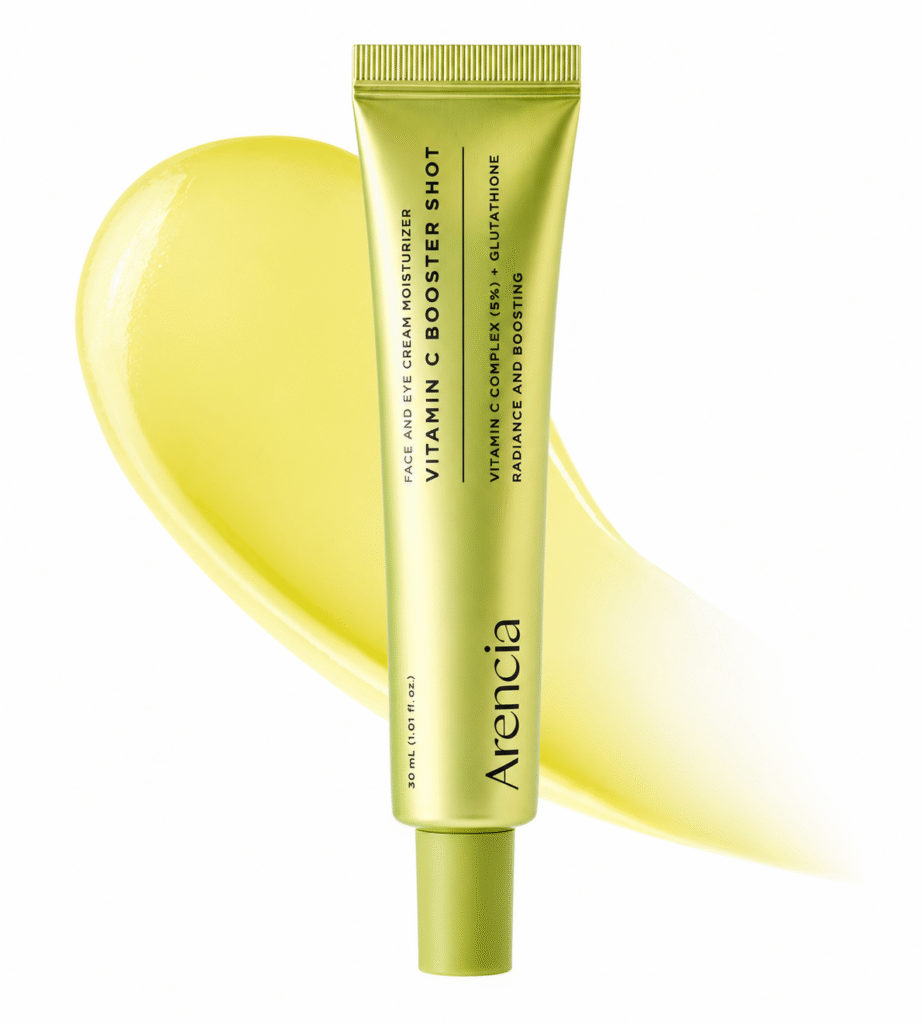 Arencia-Vitamin-C-Booster-Shot-green-tube-with-yellow-serum-swatch.