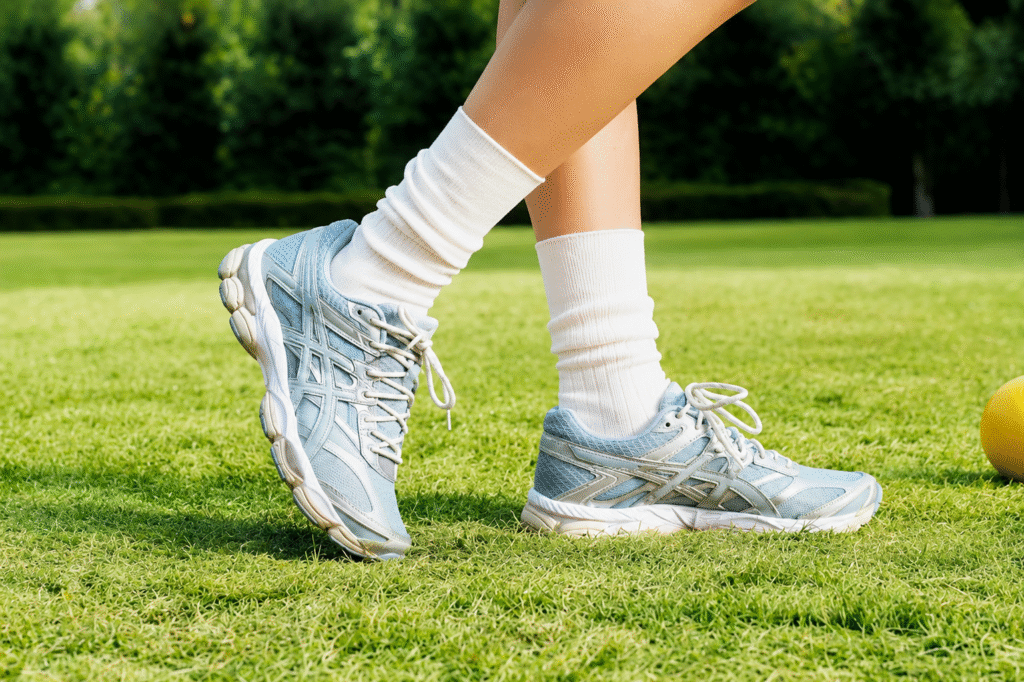 Close-up of pale blue and silver ASICS-style sneakers with white crew socks on grass, Sensory Bloom sneaker trend