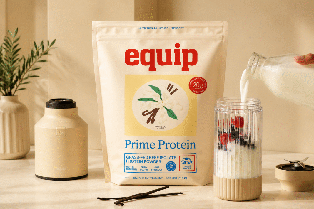 Equip Prime Protein vanilla grass-fed beef isolate protein powder bag with blender and berry smoothie