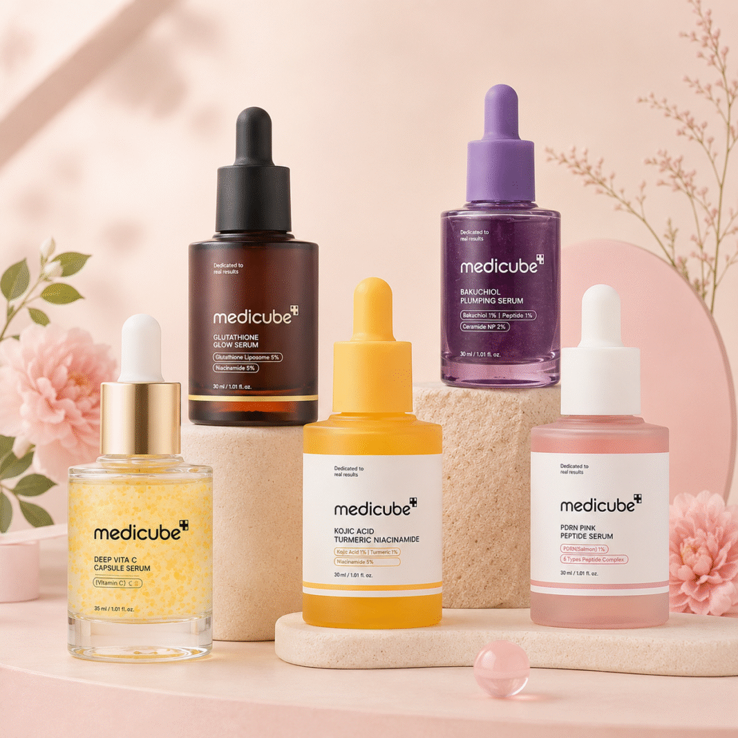 Five Medicube skincare serum bottles arranged on beige stone platforms against a soft pastel pink background with floral accents.