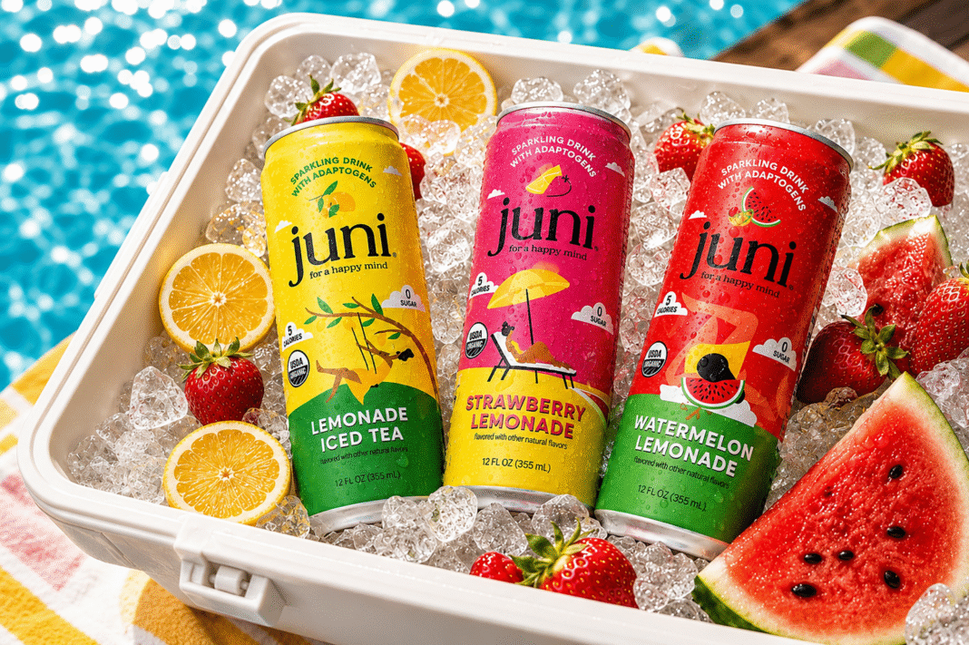 Juni Lemonade Trio cans chilling on ice in a poolside cooler with fresh strawberries, orange slices, and watermelon.