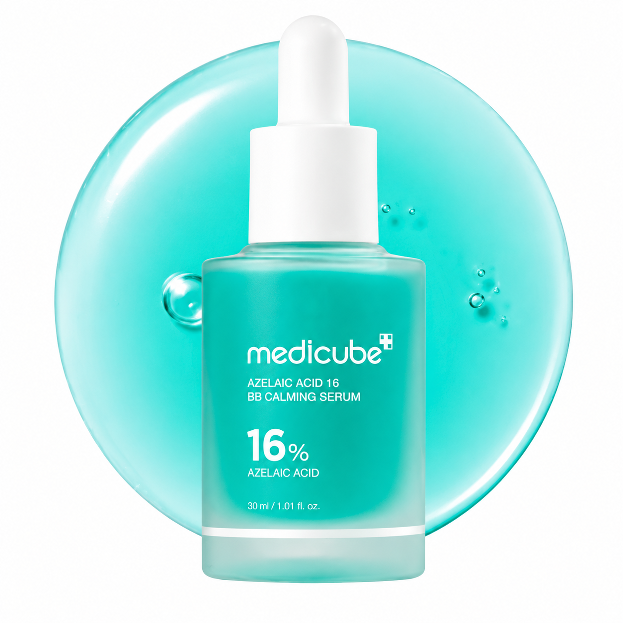 Medicube-Azelaic-Acid-16-BB-Calming-Serum-30ml-teal-dropper-bottle-with-serum-droplet-backdrop