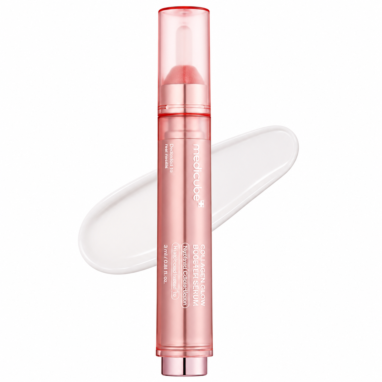 Medicube-Collagen-Glow-Booster-Serum-rose-gold-twist-and-click-pen-with-milky-serum-swatch-backdrop