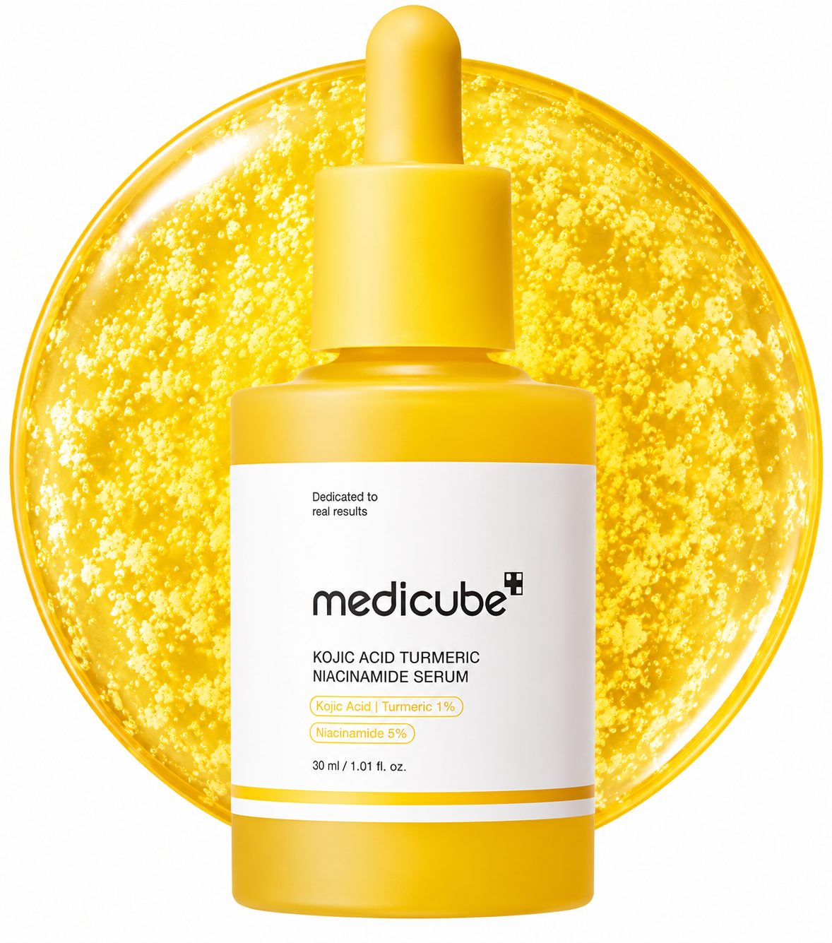 Medicube-Kojic-Acid-Turmeric-Niacinamide-Serum-30ml-yellow-dropper-bottle-with-capsule-serum-backdrop