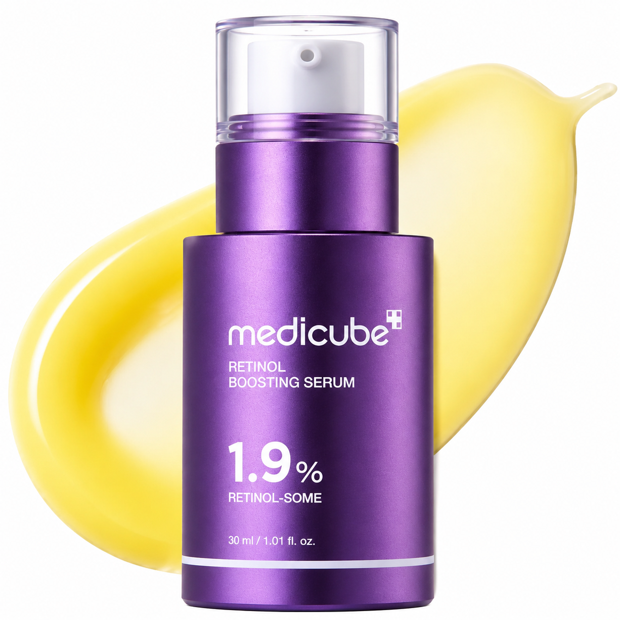 Medicube-Retinol-NMN-Boosting-Serum-30ml-purple-pump-bottle-with-yellow-serum-swatch-backdrop