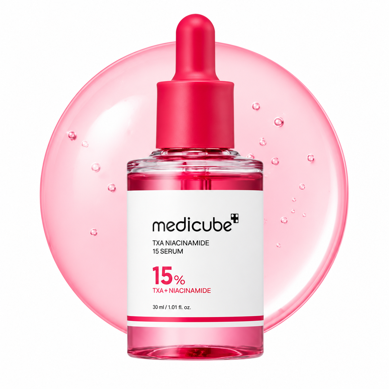 Medicube-TXA-Niacinamide-15-Serum-30ml-red-dropper-bottle-with-pink-serum-droplet-backdrop