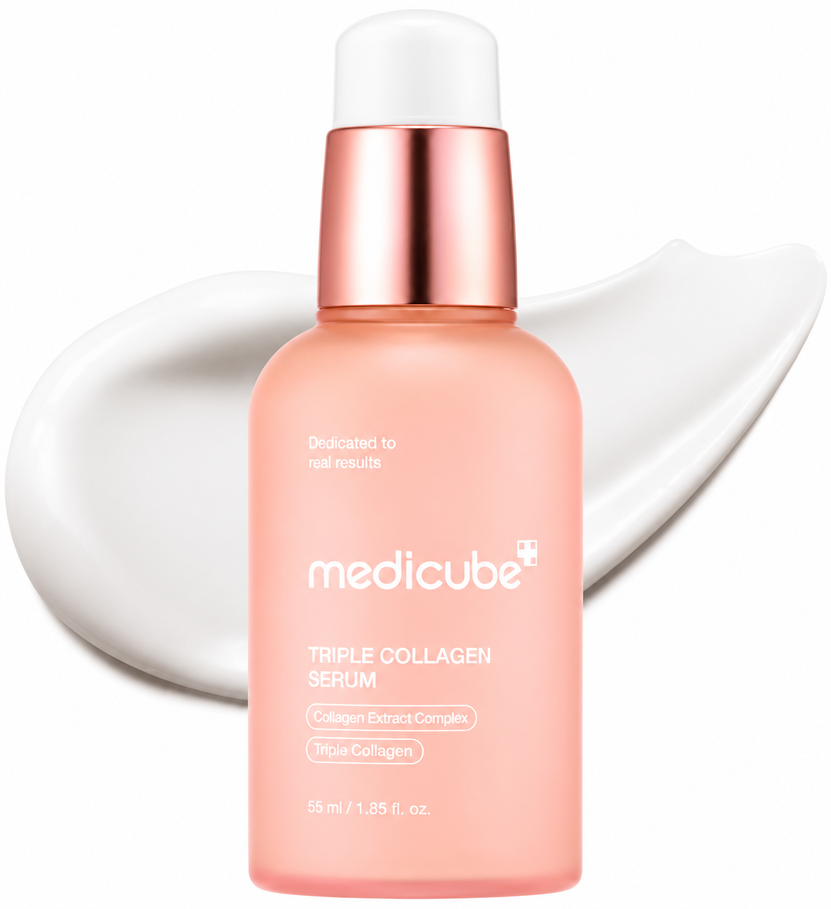 Medicube-Triple-Collagen-Serum-55ml-peach-pump-bottle-with-milky-cream-swatch-backdrop