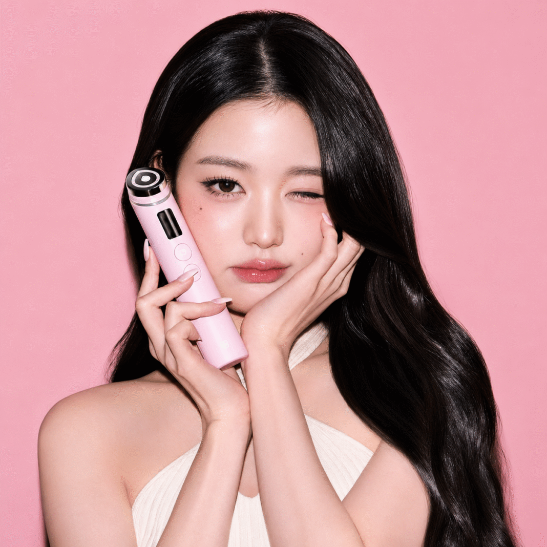 Woman holding the Medicube Booster Pro X2 skincare device against a pink background, showcasing the brand’s new AI-powered skin modes.