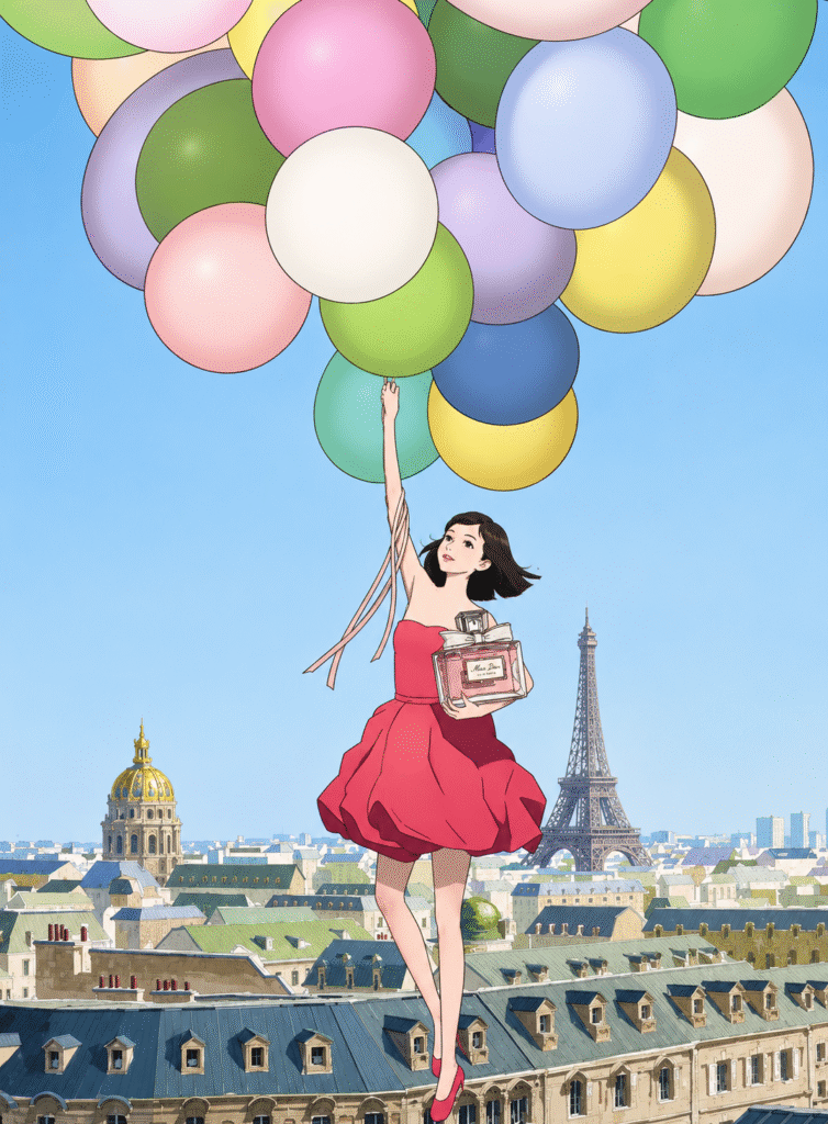 Animated-Miss-Dior-heroine-in-a-pink-dress-floating-above-the-Paris-rooftops-with-colorful-balloons-holding-a-Miss-Dior-Eau-de-Parfum-bottle-the-Eiffel-Tower-behind-her.