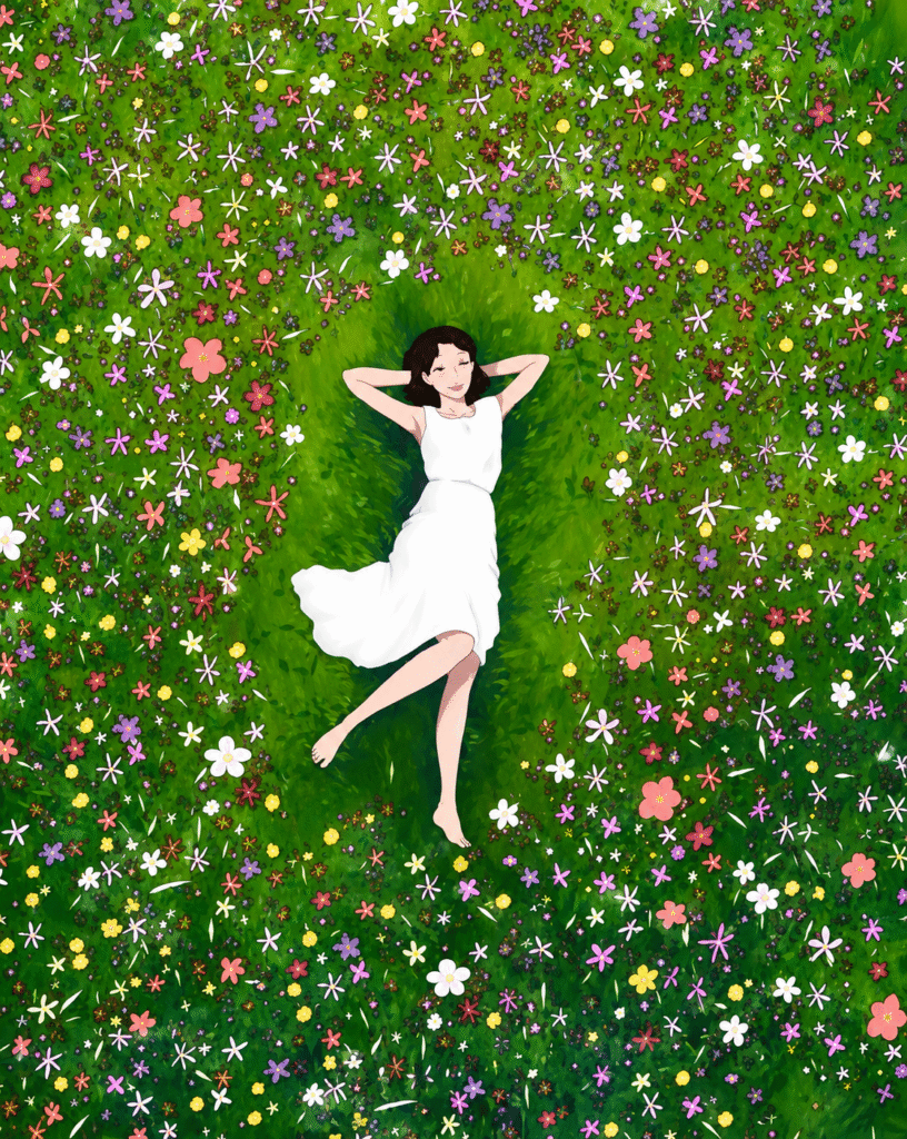 Animated-Miss-Dior-heroine-in-a-white-dress-lying-peacefully-in-a-green-meadow-scattered-with-wildflowers-viewed-from-above