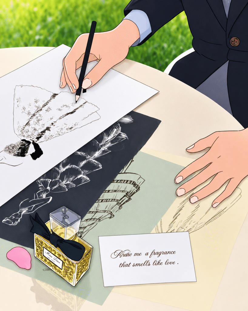 Animated-hands-sketching-couture-dress-illustrations-beside-a-houndstooth-Miss-Dior-bottle