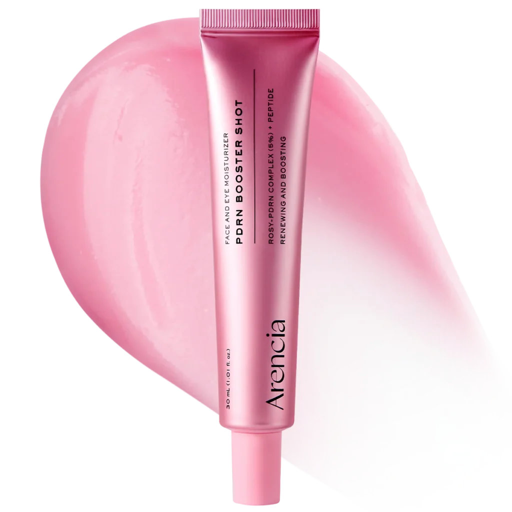 Arencia PDRN Booster Shot pink tube with pink serum swatch