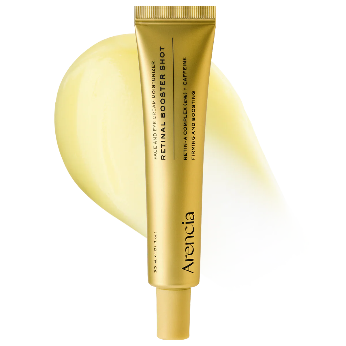 Arencia Retinal Booster Shot gold tube with pale yellow serum swatch