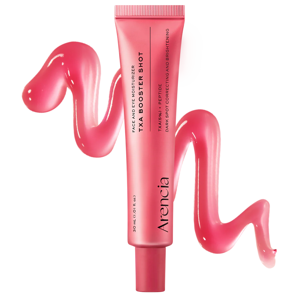 Arencia TXA Booster Shot pink tube with swirled pink serum swatch
