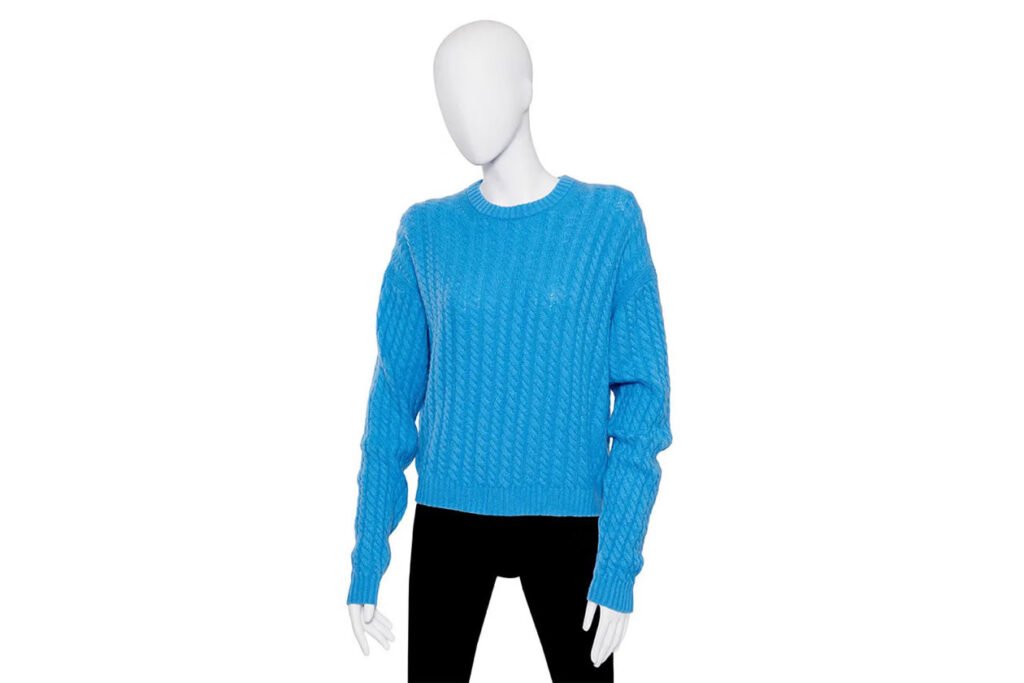 Blue cable-knit crewneck sweater from The Devil Wears Prada 2