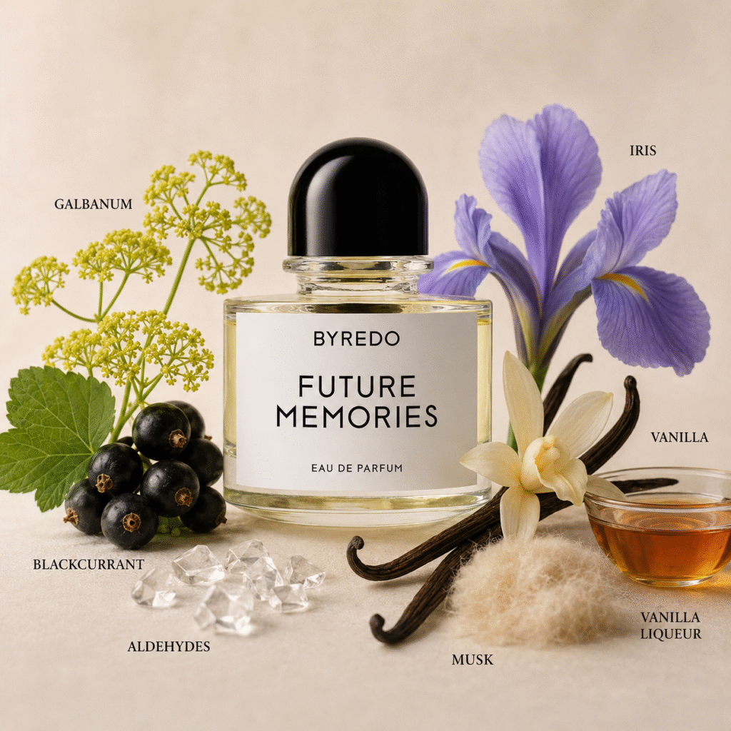 Byredo-Future-Memories-Eau-de-Parfum-bottle-surrounded-by-its-scent-notes-galbanum-blackcurrant-aldehydes-iris-vanilla-vanilla-liqueur-and-musk
