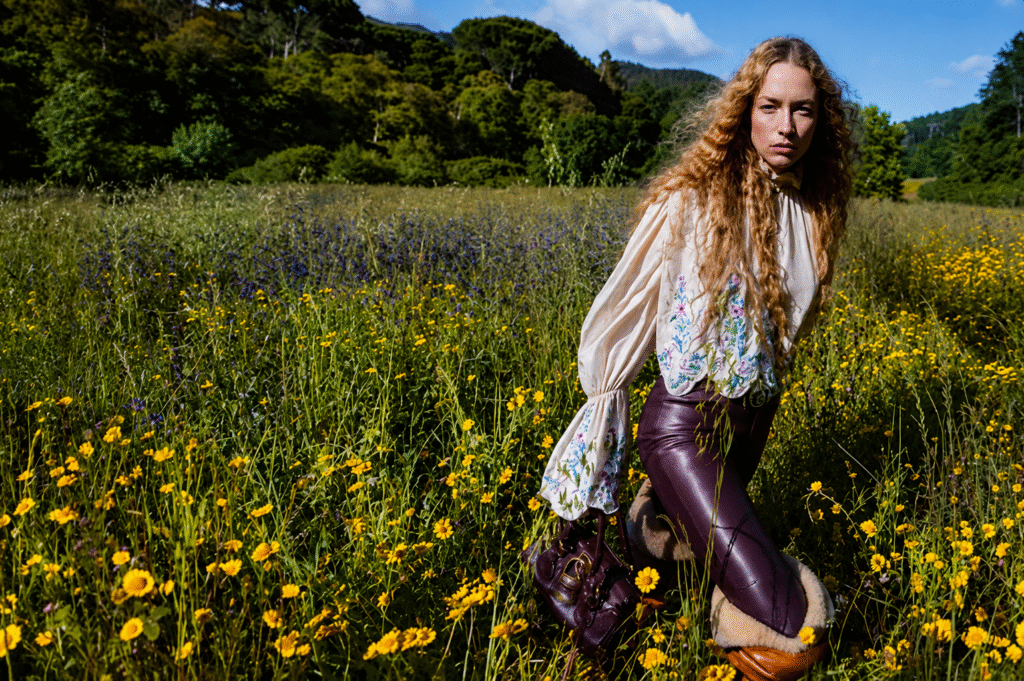 Chloe-campaign-curly-haired-model-in-an-embroidered-blouse-and-burgundy-leather-pants-poses-in-a-yellow-wildflower-meadow