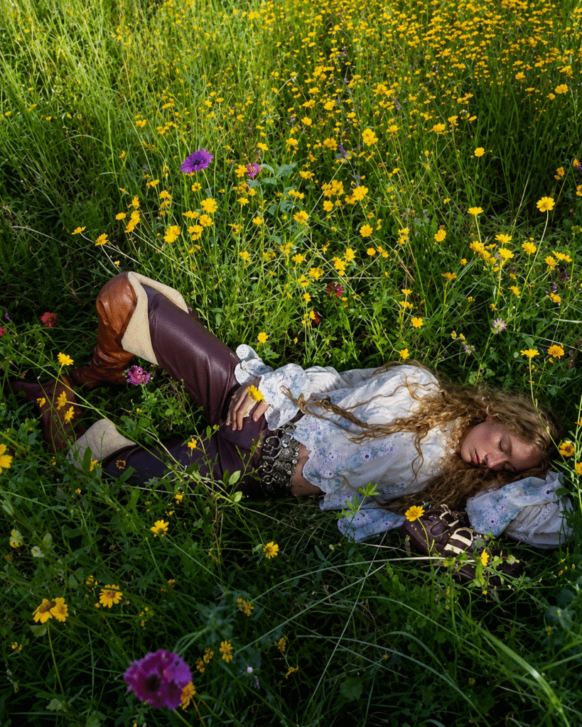 Chloe-campaign-model-in-an-embroidered-blouse-burgundy-leather-pants-and-tan-boots-reclines-in-a-yellow-wildflower-meadow