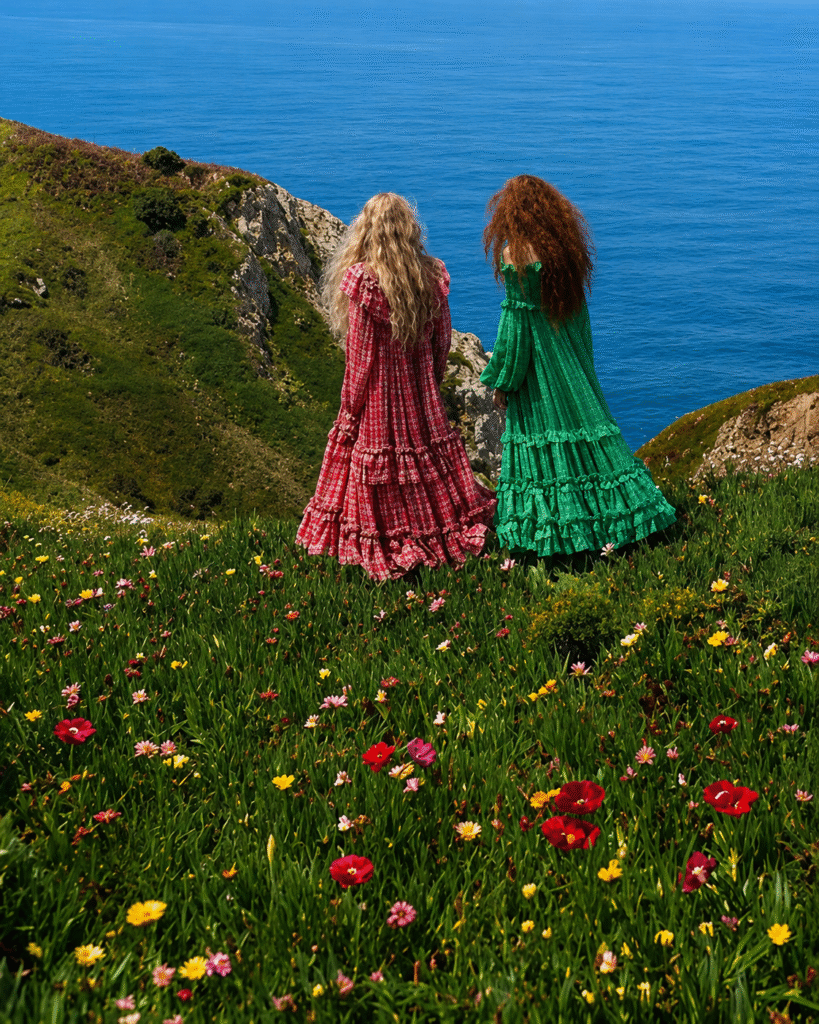 Chloe-campaign-two-models-in-pink-and-green-tiered-ruffle-maxi-dresses-face-the-sea-on-a-wildflower-coastal-hillside