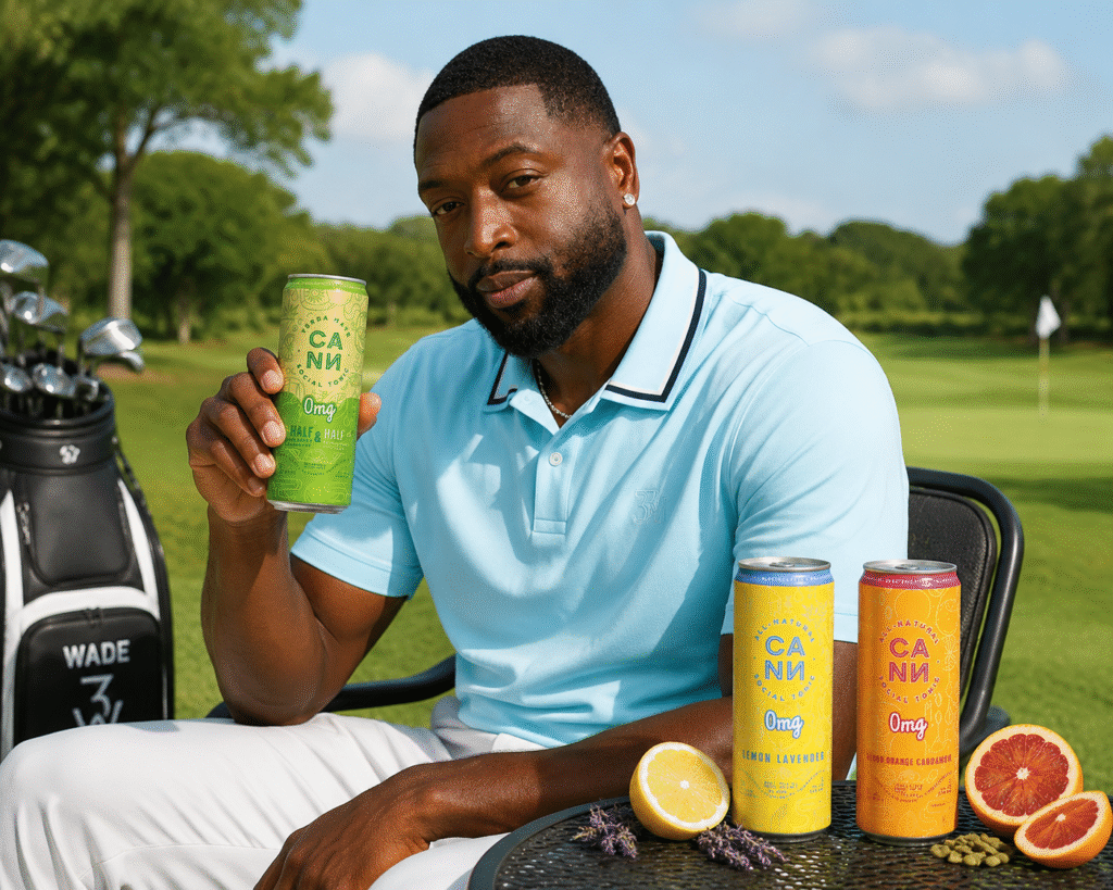 Dwyane-Wade-holds-a-Cann-Half-Half-can-on-a-golf-course-beside-Lemon-Lavender-and-Blood-Orange-Cardamom-cans