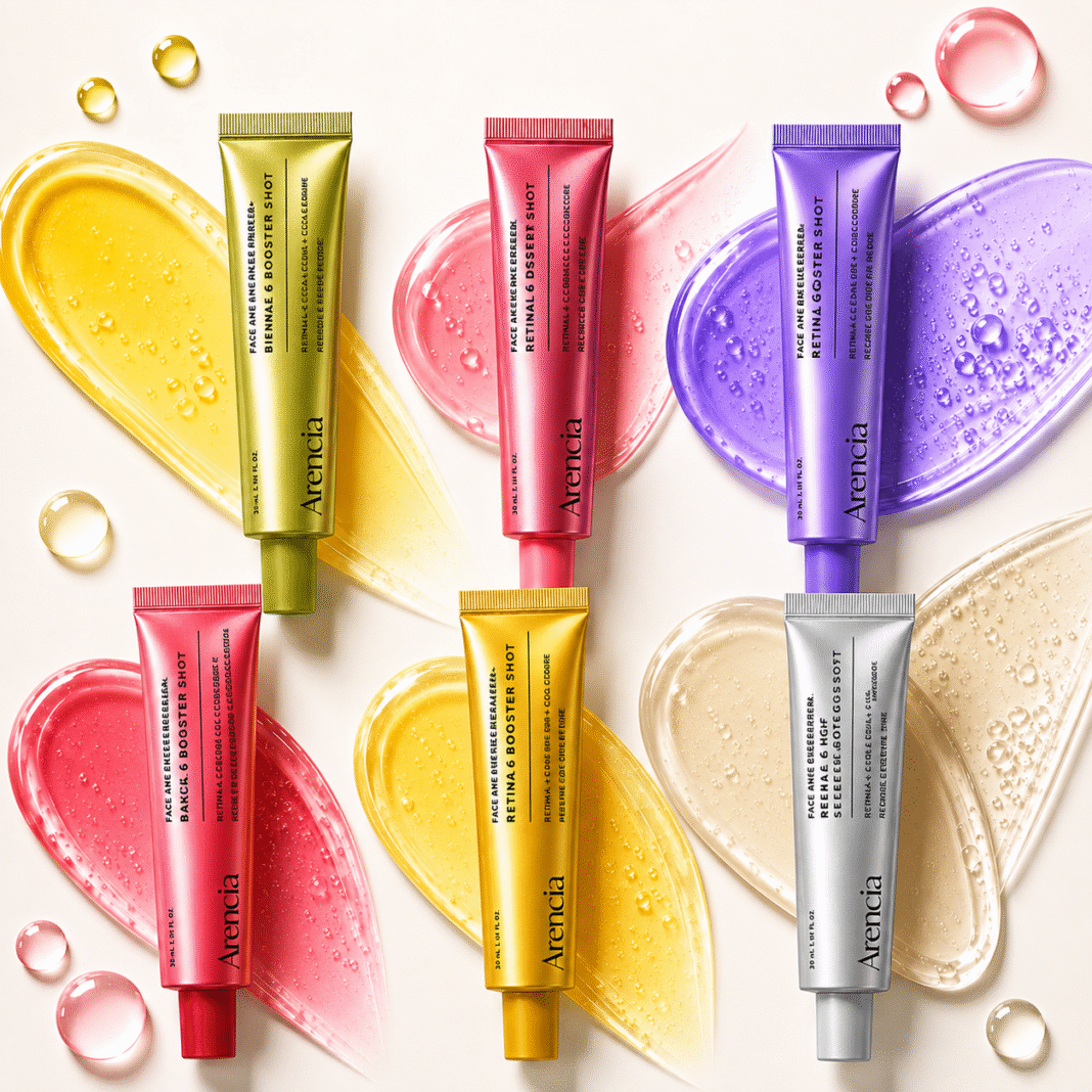 Full Arencia Booster Shot lineup of six colorful serum tubes arranged with matching cream swatches