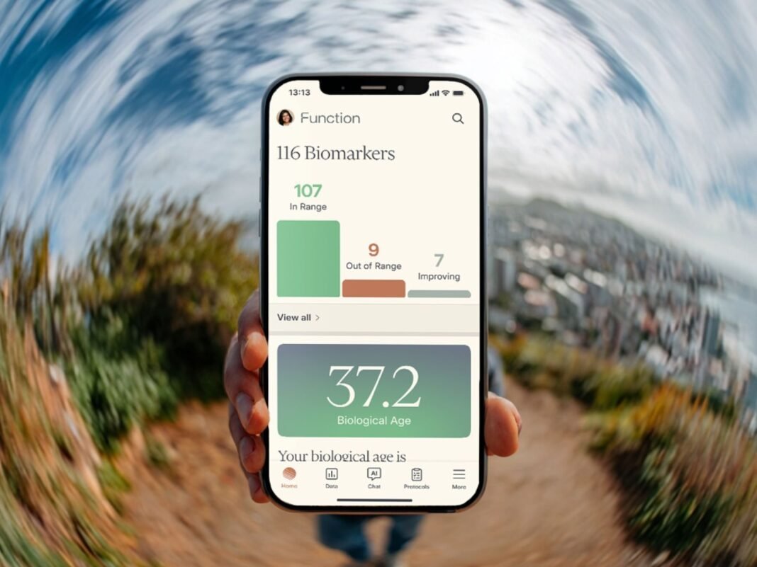 Function Health app showing biomarker results and biological age score