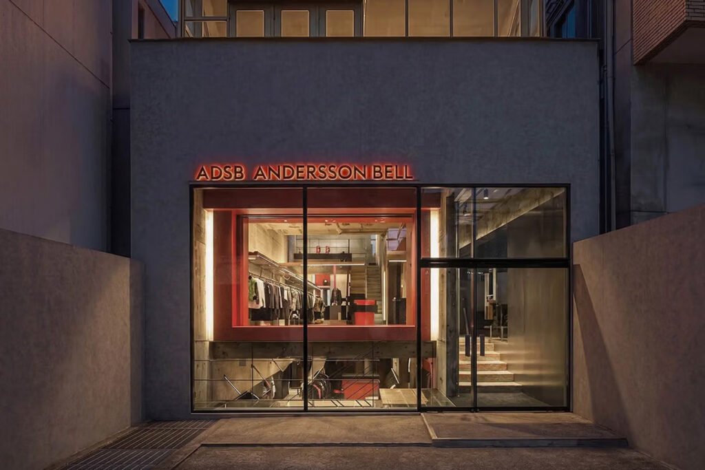 Illuminated-exterior-of-the-Andersson-Bell-Aoyama-flagship-in-Tokyo