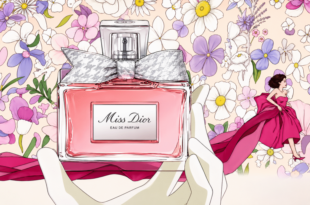 Illustrated-hands-holding-a-Miss-Dior-Eau-de-Parfum-bottle-with-houndstooth-bow-against-a-floral-background-with-an-animated-heroine-in-a-pink-gown-seated-among-the-flowers