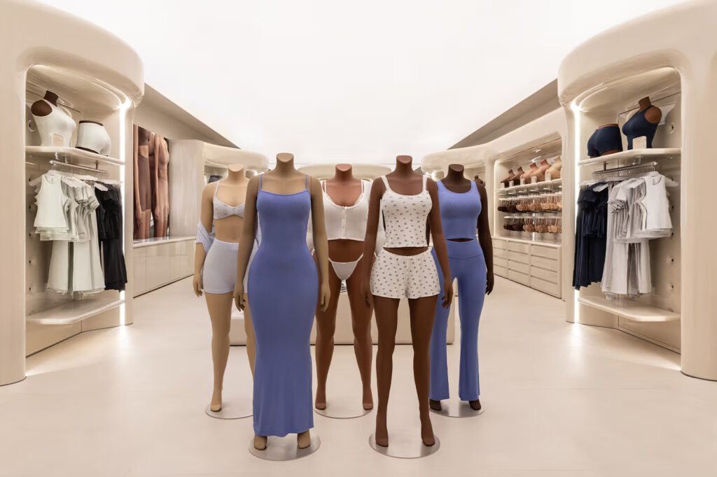 Interior-of-a-SKIMS-store-with-a-central-group-of-mannequins-in-blue-loungewear-white-pajamas-and-underwear-flanked-by-curved-cream-displays-of-apparel.